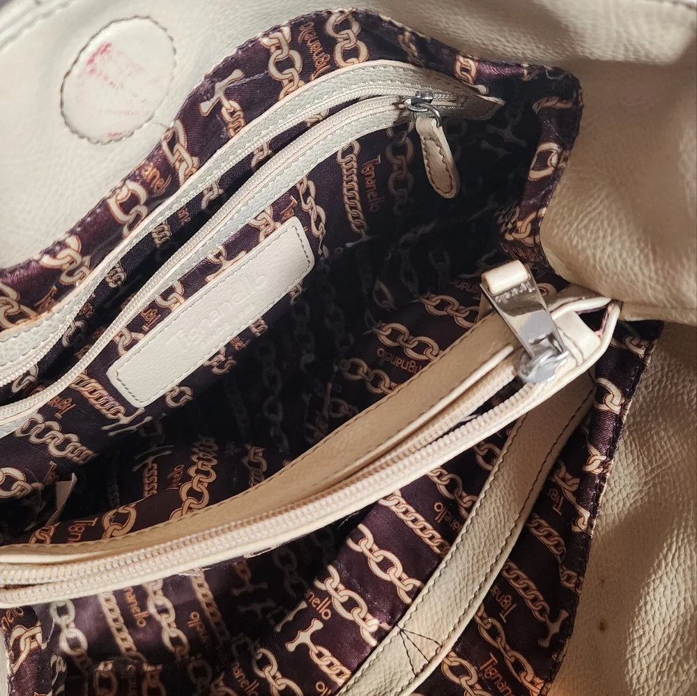 Tignanello Pebble Leather Pocket Shoulder Bag Satchel Handbag Cream